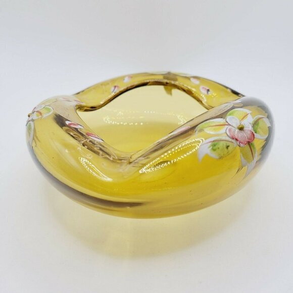 Vintage Amber Blown Glass Ashtray Hand Painted Flowers Gold Gilt Painting - Picture 5 of 10